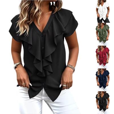 Chemise Chic pour Femme à Col en V, Manches Courtes Volants, en Mousseline, Haut d'Été Tempérament Commuting Couleur