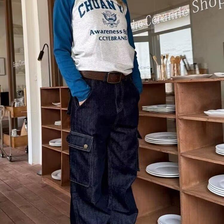 American High Street Jeans Herren Herbst Trendy Brand Ins Lockere Hose mit weitem Bein und geradem Bein Micro-Schlaghose