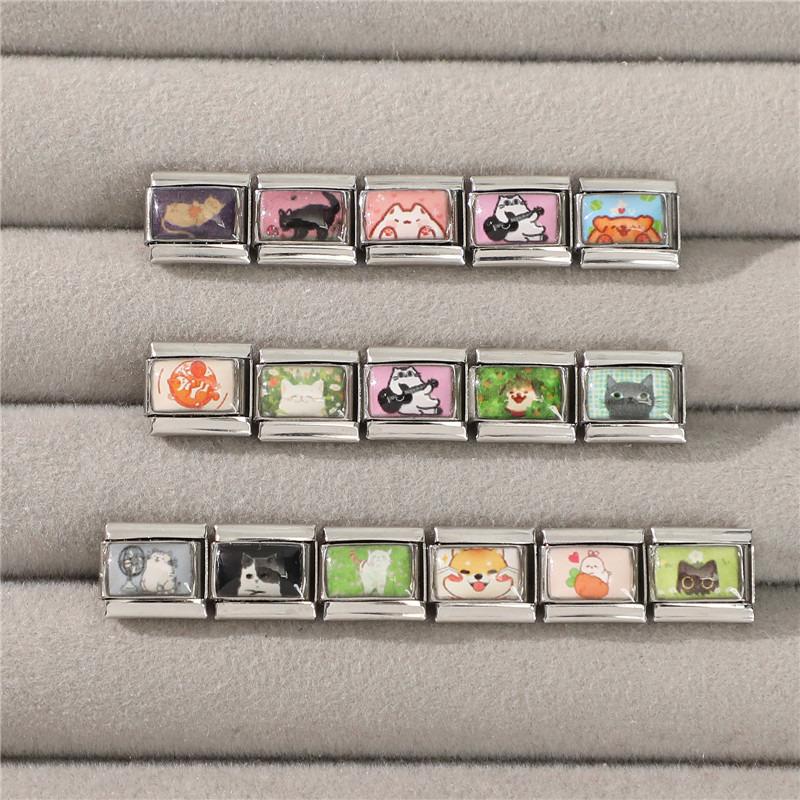 Y2K Cartoon Cat Dog Flower Love Rabbit Guitar Italian Charm Links Fit 9mm Stainless Steel Bracelet Women Men DIY Making Gift