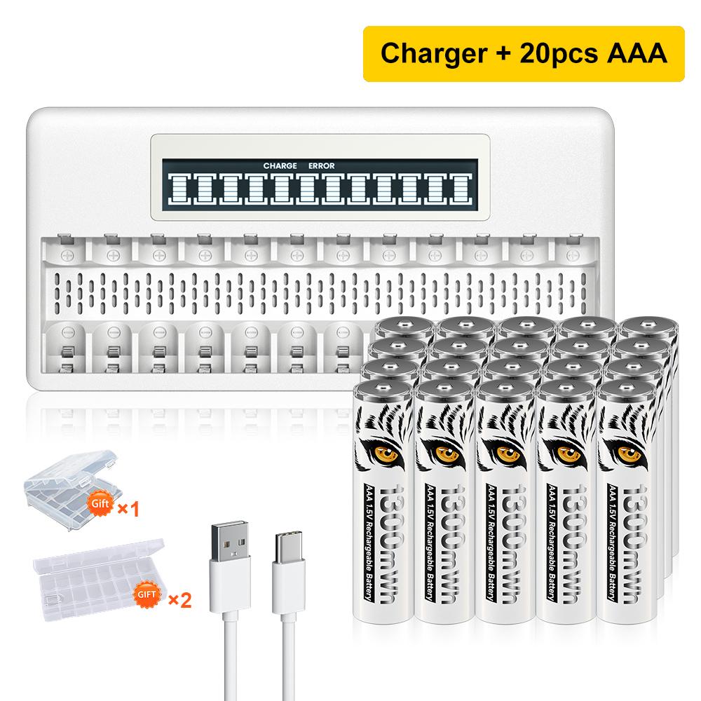 PALO 4-20pcs Rechargeable AA Batteries 1300mWh Li-Ion HR03 with LCD USB Battery Charger for Toys, Remote Controls