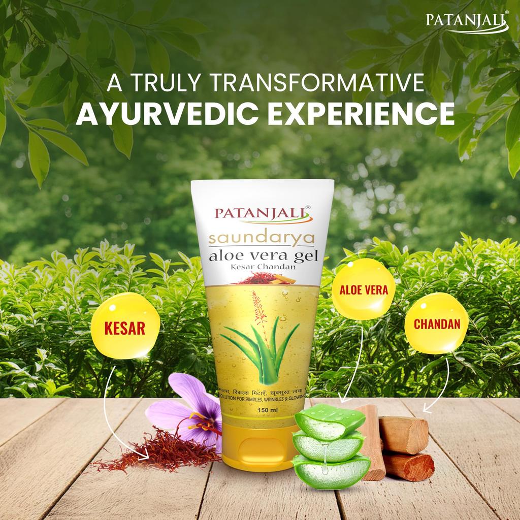Patanjali Gel all'Aloe Vera Kesar Chandan 150ml Per Uomo, Donna, Anti-Acne e Brufoli, Per tutti i Tipi di Pelle