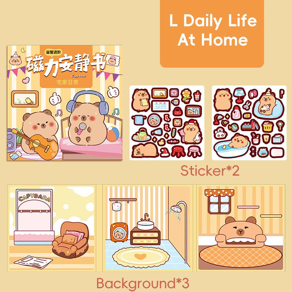 Capibara Theme DIY Sensory Quiet Book for Girls No-Cut Busy Book Fine Motor Skills Toy Reusable Sticker Squeeze Sensory Bean Bag Book for Kids