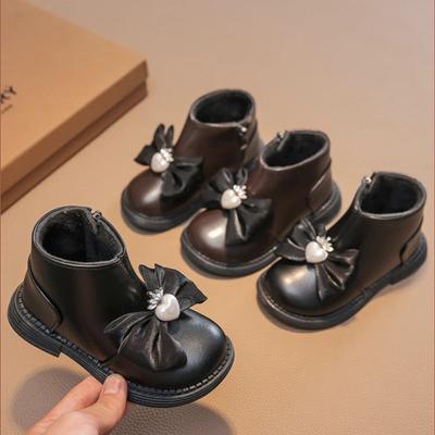 2024 Jesień/Zima Nowe Buty Księżniczki dla Dziewczynek Aksamitne Krótkie Rękawy dla Komfortu Ciepłe Buty Dziecięce Stylowe Eleganckie Kokarda Trampki dla Dziewczynki