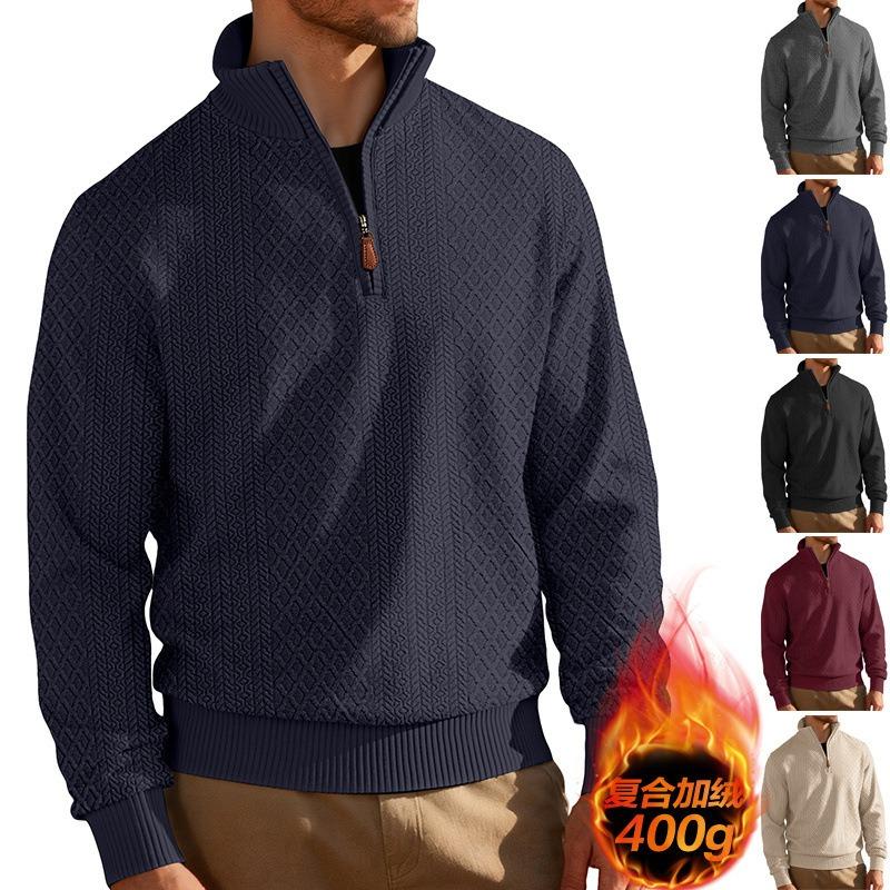 Autumn and winter casual stand-up collar zipper long-sleeved jacquard texture sports solid color fit sweater