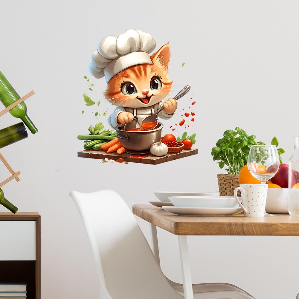 Self Adhesive Cartoon Chef Kitten Wall Stickers for Kitchen Cabinet Decor Peel and Stick Removable Waterproof