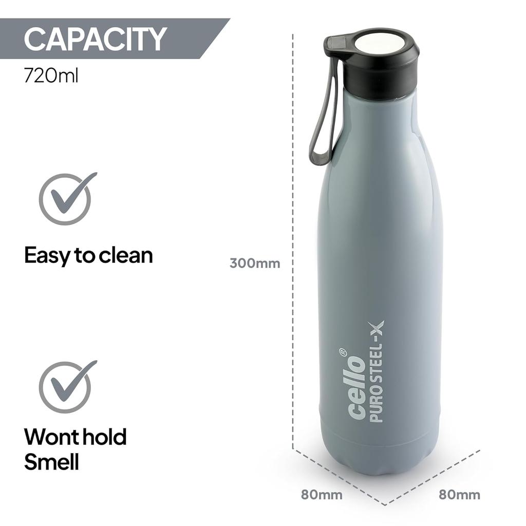 Insulated Steel Water Bottle For Travel Gym Office Use | Leakproof Cold Drink Flask With BPA-Free Safe Lid | Sleek Grey Design With 720ml Capacity