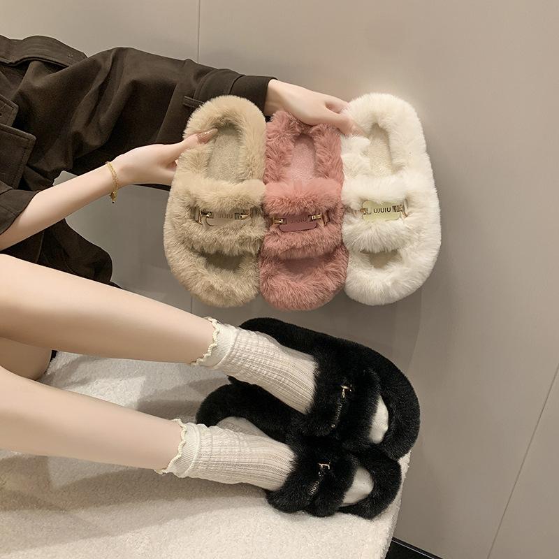 Internet celebrity thick-soled fluffy slippers women wear 2025 autumn and winter new round cotton slippers fashion trend slippers