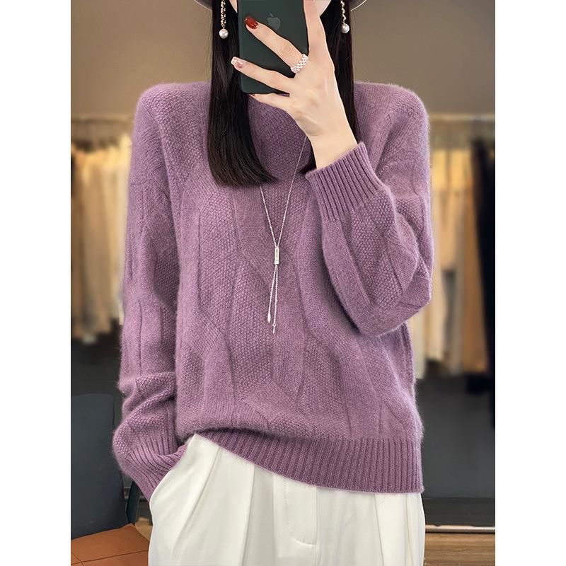 2024 Women's 100% Wool Half-High Collar Twist Sweater - Thick, Solid Color, Loose Fit, Slim Knit