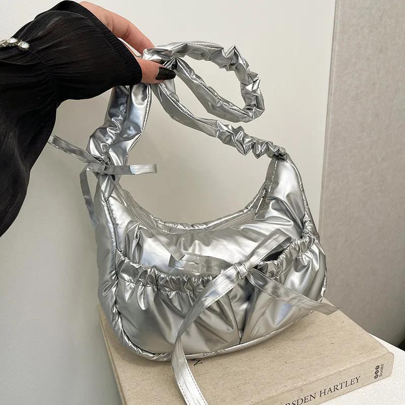 Casual Bowknot Women's Small Shoulder Bags Pleated Solid Color Ladies Underarm Bag Handbags Portable Female Crossbody Bag