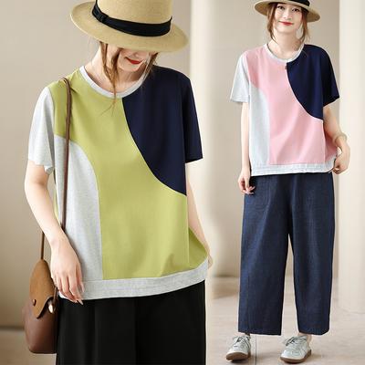 DIMANAF 2026 Große Größen Sommer Damen T-Shirts Lässige Damen Tops Tunika Hemd Gespleißte Übergroße Lockere T-Shirts Baumwolle