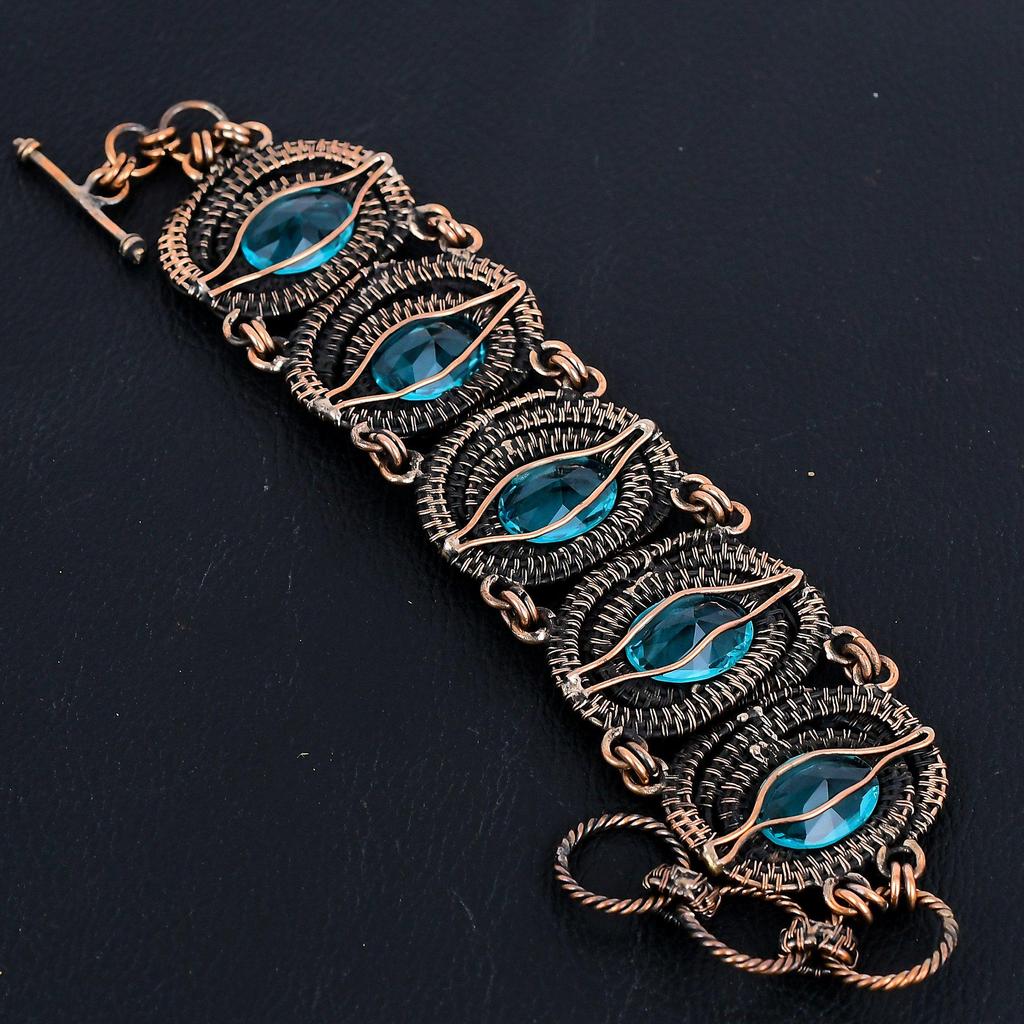 Swiss Blue Topaz  999 Copper Wire Wrapped Bracelet Adjustable Bangle, Gemstone Jewelry Gift For Mom, Handmade Brand New Jewelry