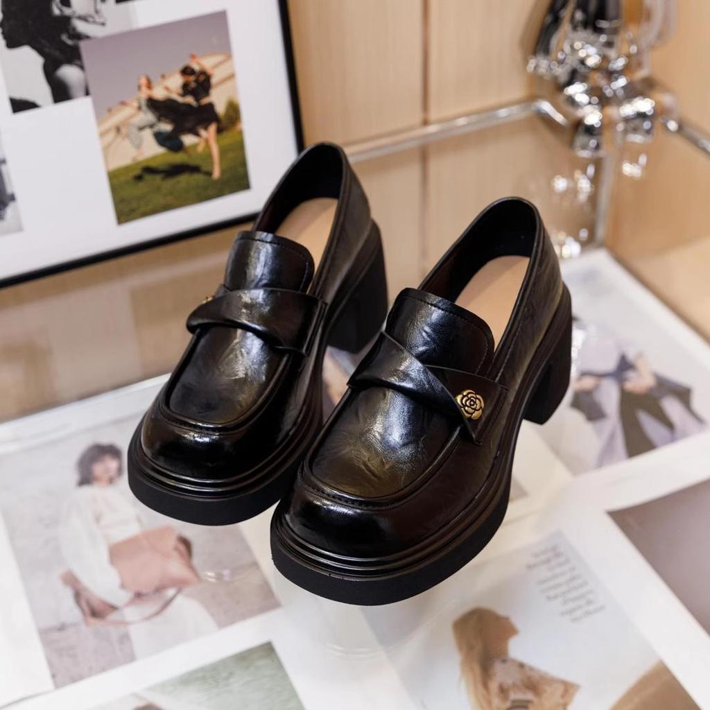 British Style Platform Loafers Women's 2025 Spring New Retro Leather Thick Heel Single Shoes Women's One-pedal Jk Small Leather Shoes