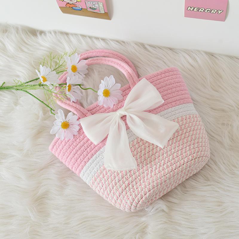 

Полосатая хлопковая вязаная сумка - Ретро соломенный дизайн для пляжного отдыха, ручная маленькая сумка Top Width 31cm x Height 19cm x Thickness 7cm