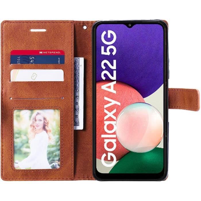 Coque - Samsung - A22 5G - Effet Cuir Elégant - Marron - 2 Verres Trempés