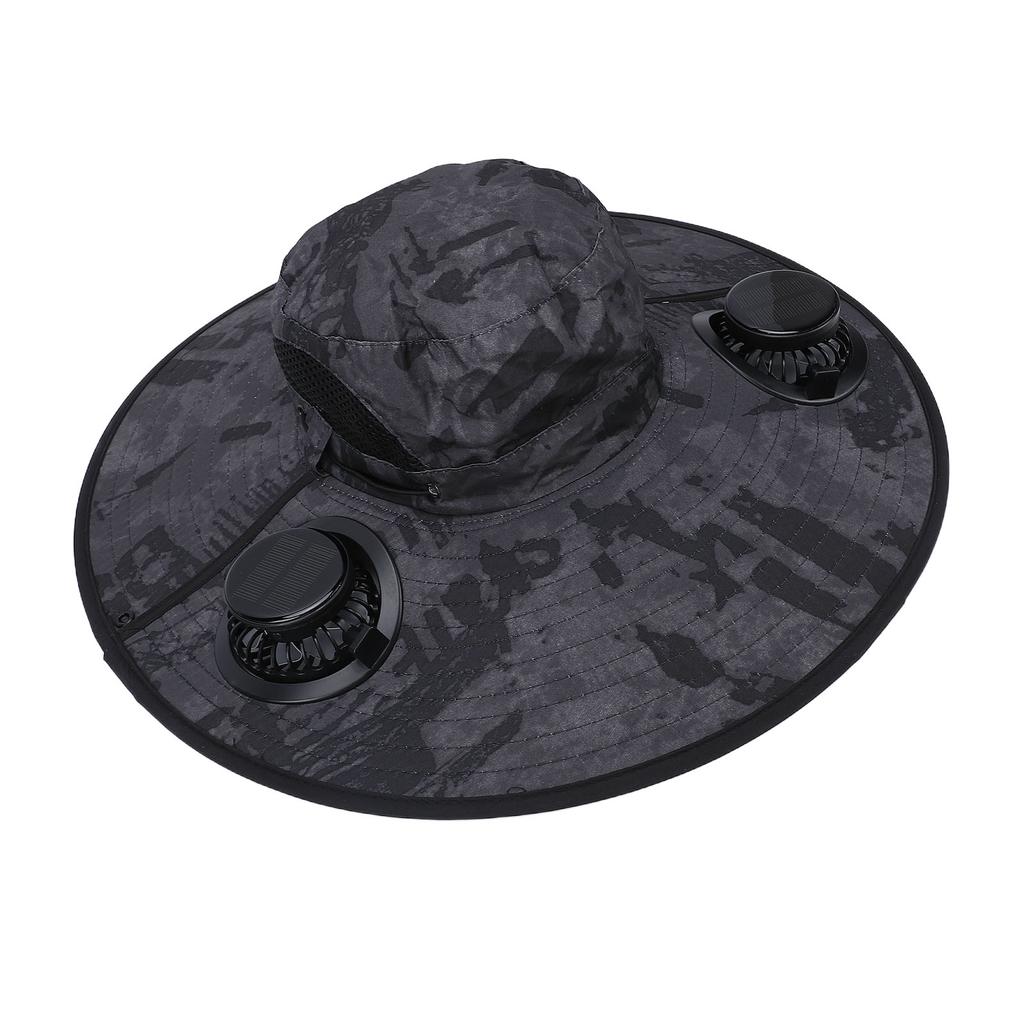 Solar Powered Fan Hat Camo Gray Wide Brim Sun Hat with Solar Fans for Fishing Camping Hiking Beach