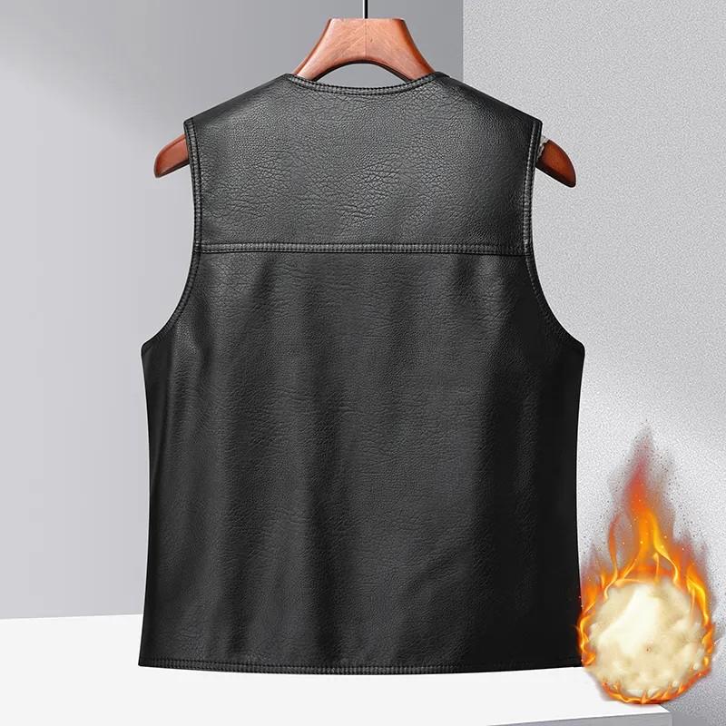 Herren Winter Dick Warm Fleece PU Leder Weste Mantel Männlich Einreihig V-Ausschnitt Freizeitkleidung