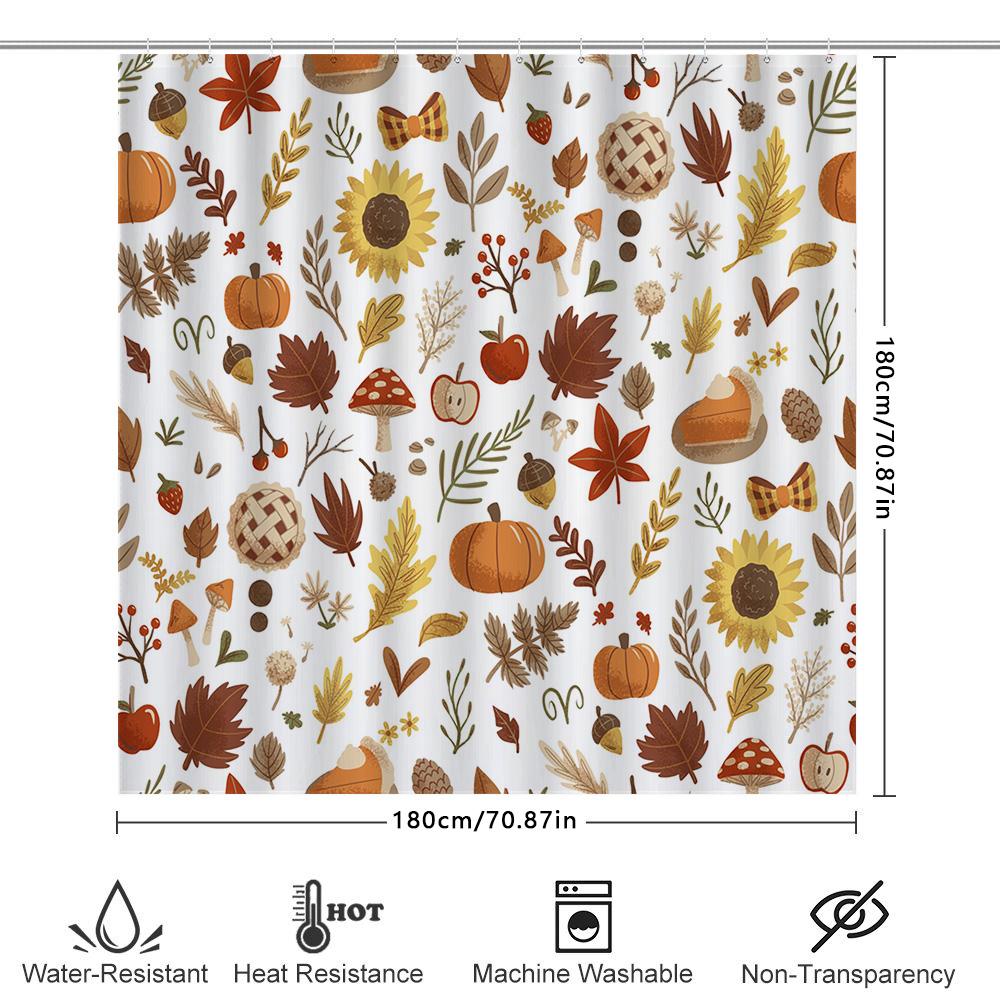 Fall Leaves Pumpkins Shower Curtain Decorative Bath Rug Set For Thanksgiving, Autumn Home Bathroom Decor White Color (180X240Cm)