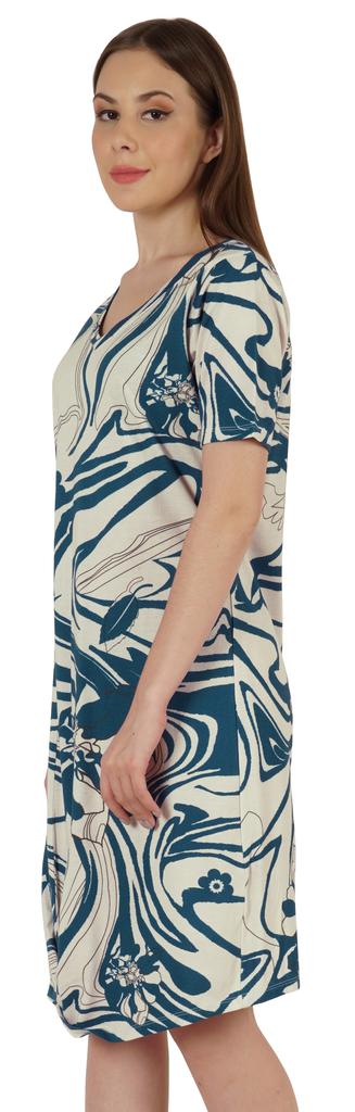 Moomaya Cotton Jersey Printed Midi Dress For Women V-Neck Summer Short Sleeves Knee Length