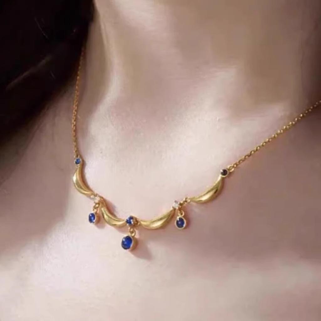 Anenjery Lace Blue Water Droplet Tassel Necklace For Women Retro Sweet High-end Personalized Versatile Collarbone Chain Jewelry Gift