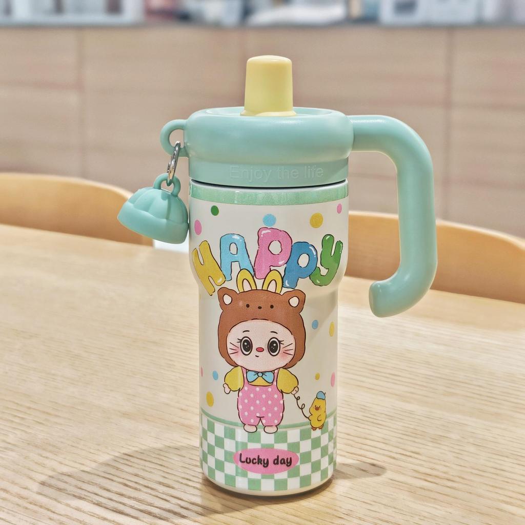 Floral Cartoon Handle Stainless Steel Vacuum Insulated Cup with Tea Infuser and Straw