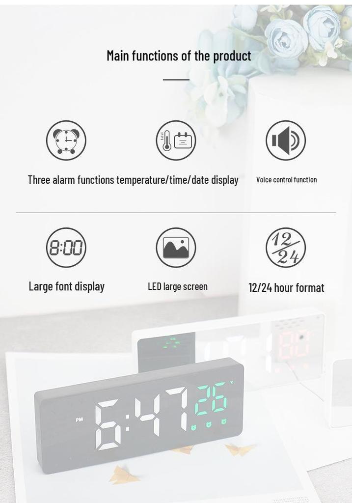 Silent LED Mirror Clock with Three Alarms - Ideal for Students & Kids' Bedside Desk