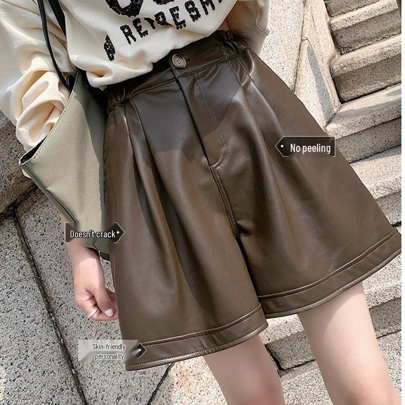 High Waist PU Leather Bootcut Shorts - Elastic, Plus Size, Wide Leg, Loose Fit, Black, Women’s Stylish Autumn/Winter Wear