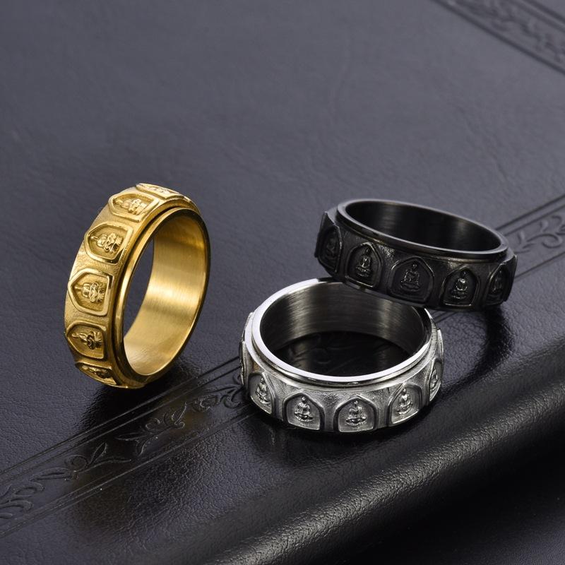 Chinese Style Personalized Men's Concave-convex Design Eighteen Arhats Rotating Ring Plated with 18K Gold Jewelry Ring