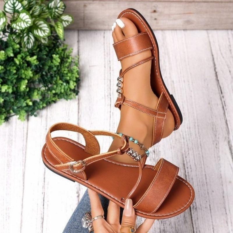 Summer New Daily Wear Round Head Flat Bottom Open Toe Cross Buckle with Beach Sandals Women