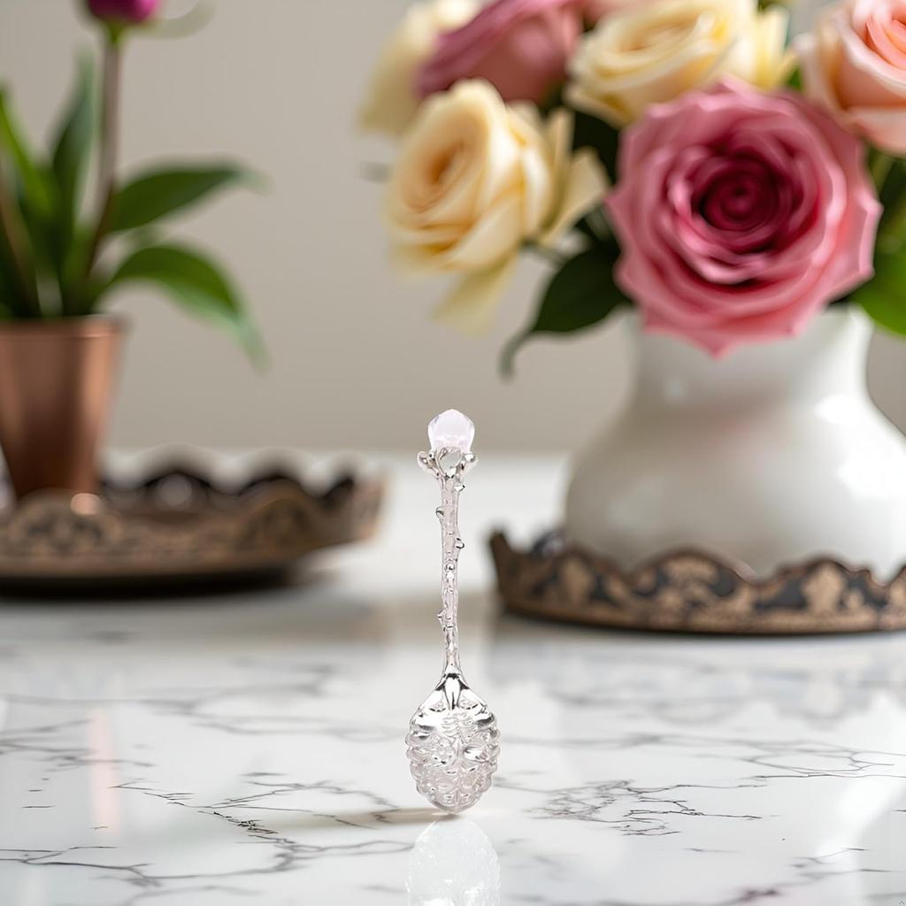 Crystal Coffee Spoon Vintage Floral Carved Long Handle Ice Cream Tea Spoon,Silver Diamond RHinestone