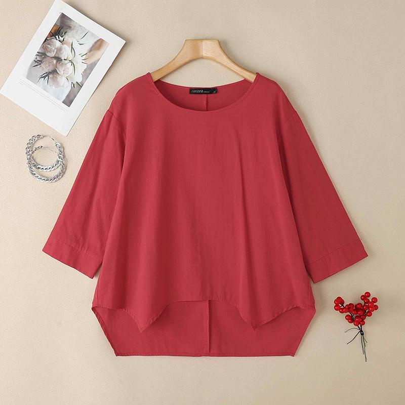 ZANZEA Women Casual Round Neck Loose 3/4 Sleeve Blouse