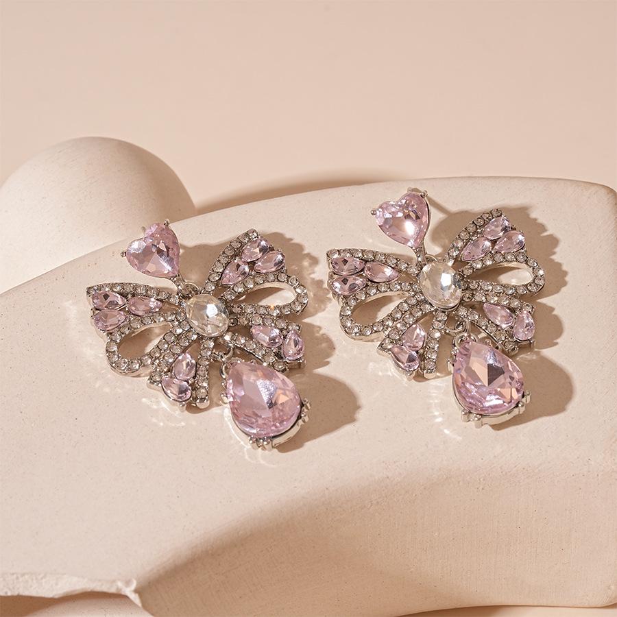 Sophisticated Diamond Bow Teardrop Tassel Earrings – Elegant Silver Needle Jewelry for Women