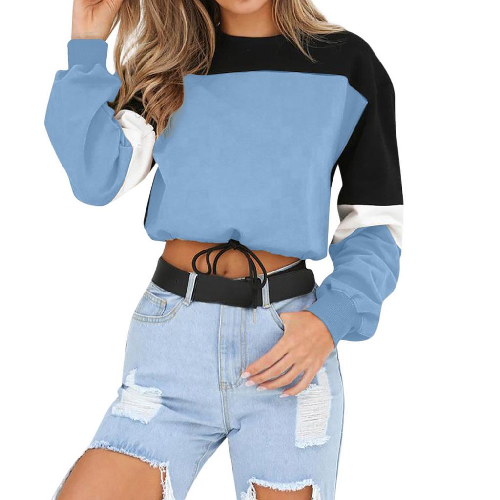 Women's Fashion O- Neck Contrast Long Sleeve Top Corded Cool Sweater