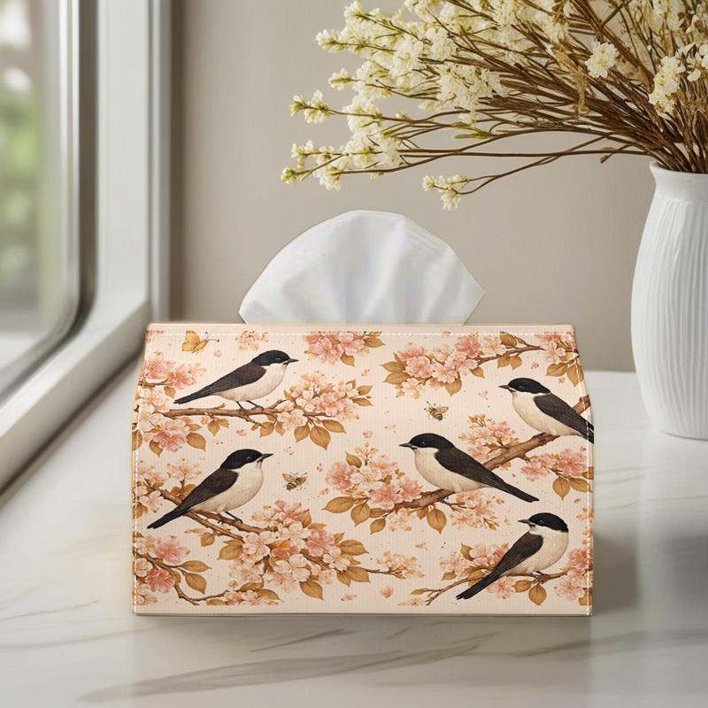 1pc 2D Flat Floral And Bird Cherry Blossom Style for Home Living Room Bedroom Study Tissue Box Suitable for Home/Car/Party Decorative Organization, Li