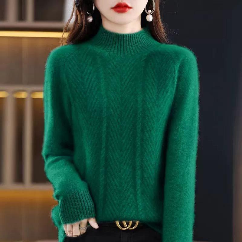 

Sweater Women s Autumn and Winter Casual Long-sleeved Half Turtleneck Knitted Sweater Loose Solid-color Pullover One Size