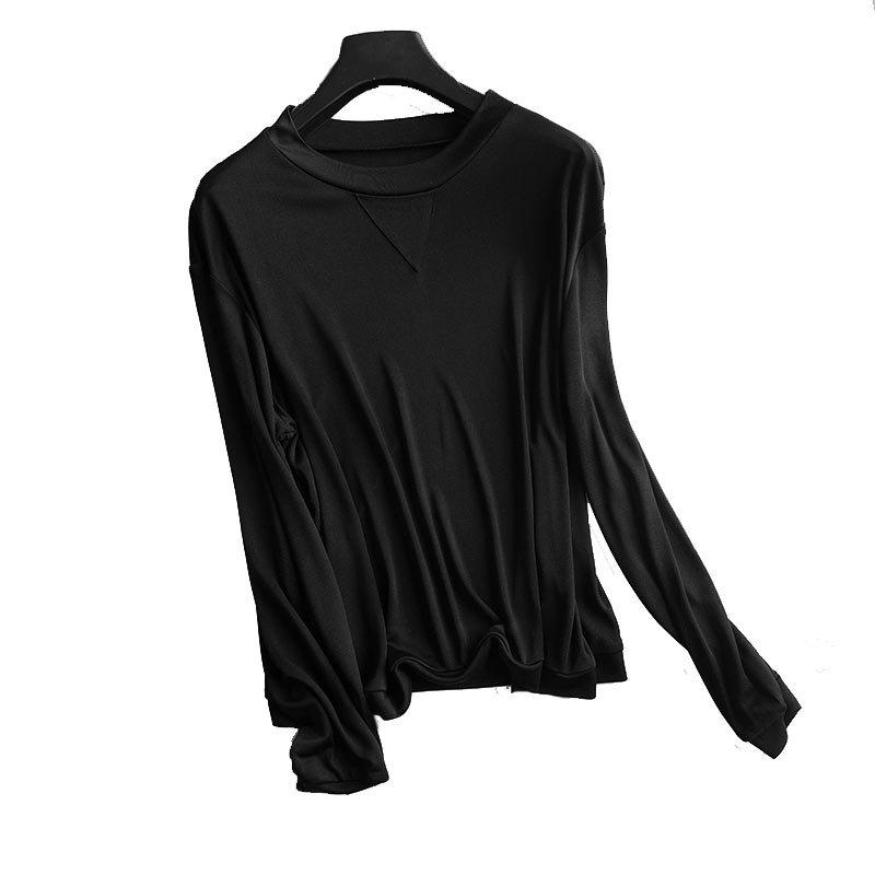 New Women's Silk Long-Sleeve Round Neck T-Shirt - Loose Fit Korean Style for Autumn