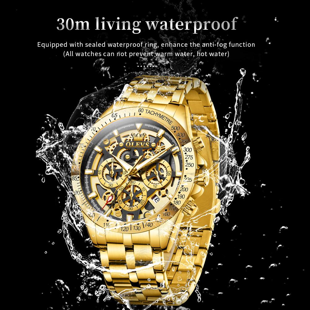 OLEVS Watches Mens 9913 Gold Skeleton Quartz Watch Waterproof Luminous Calendar Watches For Men Gifts Original Business Reloj