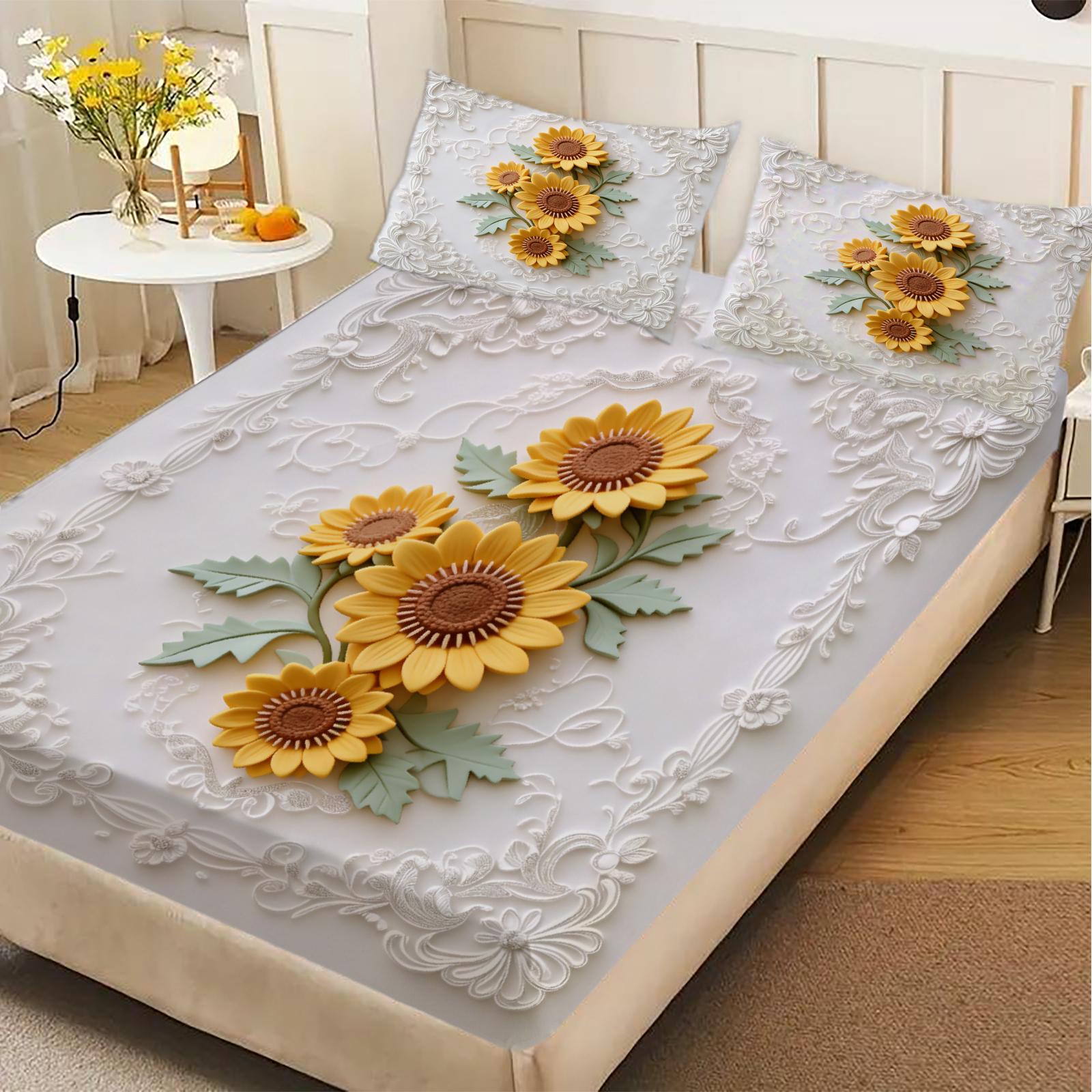Sunflower Embroidered Fitted Sheet Set White Sunflower Floral Pattern Bedding With Pillowcases For Bedroom 99x190x25cm