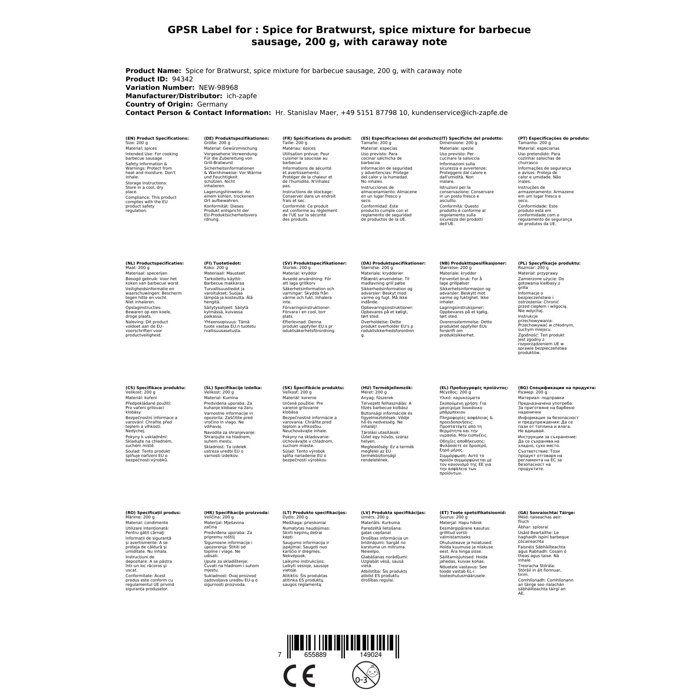 Épices, Condiments - pour saucisses maison avec un soupçon de carvi, 200g