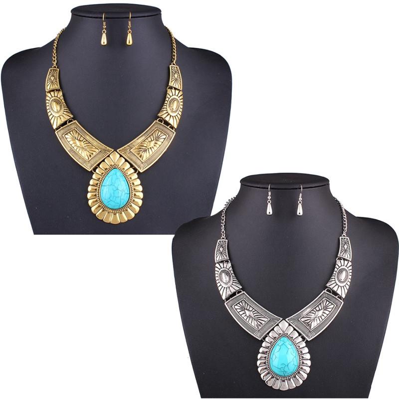 Retro Pattern Water Drop Gem Necklace & Earrings Set