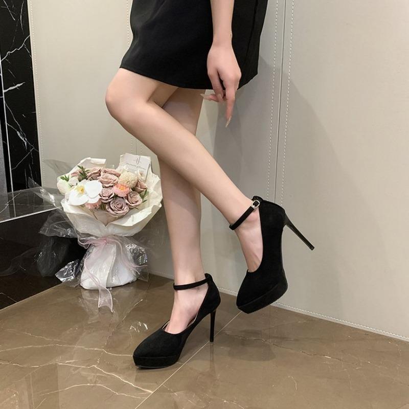 New Women's High Heels Single Shoes Buckle Thin Heel Velvet Surface Waterproof Platform Pointed Toe Shoes Black Simple Style