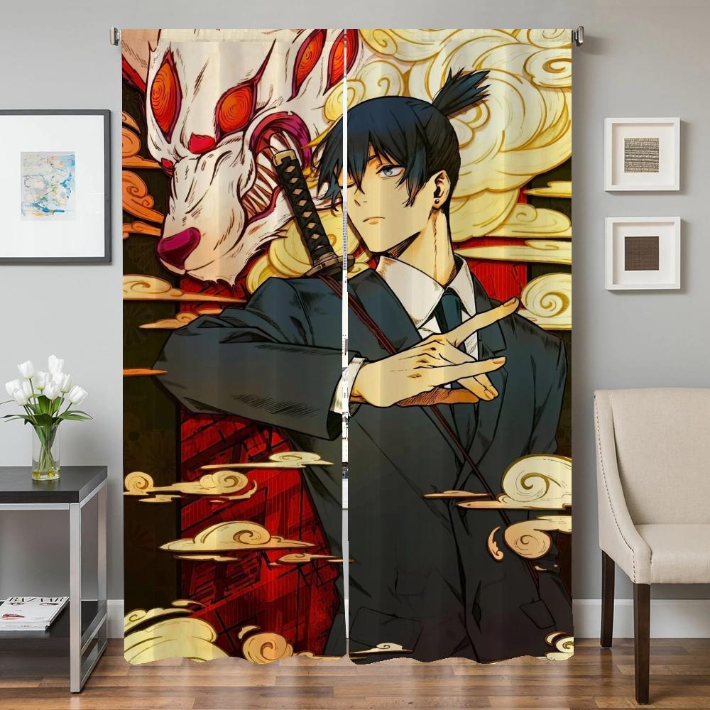 Home Interior Kitchen Curtains for Living Room 2 Pieces Blackout Curtains Door Curtain Chainsaw Man Bedroom Decoration Partition