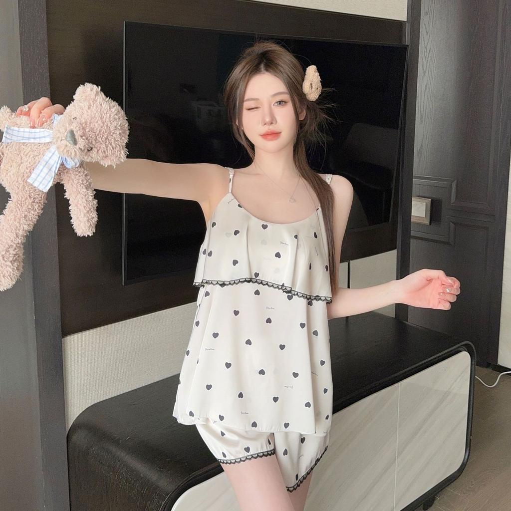 New sexy pajamas women's ice silk summer girl pure desire printing suspender nightdress loungewear can be worn outside