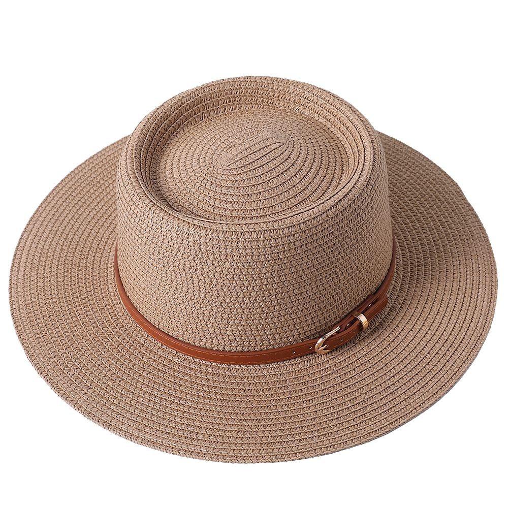 New Sun Hat Concave Convex Top Straw Hat Women's Spring and Summer Beach Hat Sun Hat Flat Brim Jazz Hat Belt