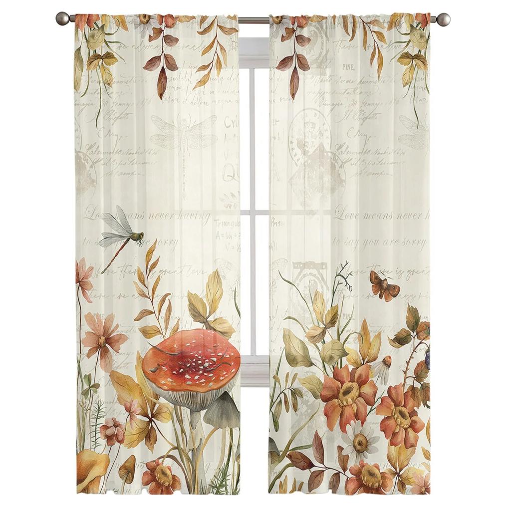 Fall Mushroom Flower Butterfly Dragonfly Window Tulle Curtains For Living Room Kitchen Modern Window Treatments Voile Curtains