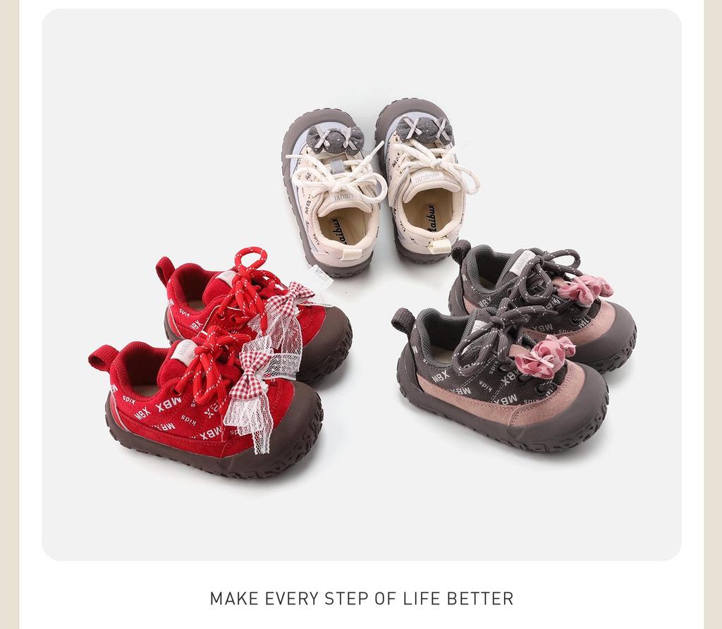 Spring 2026 Girls’ Soft Sole Walker Shoes - Non-Slip, Closed-Toe with Bow Detail
