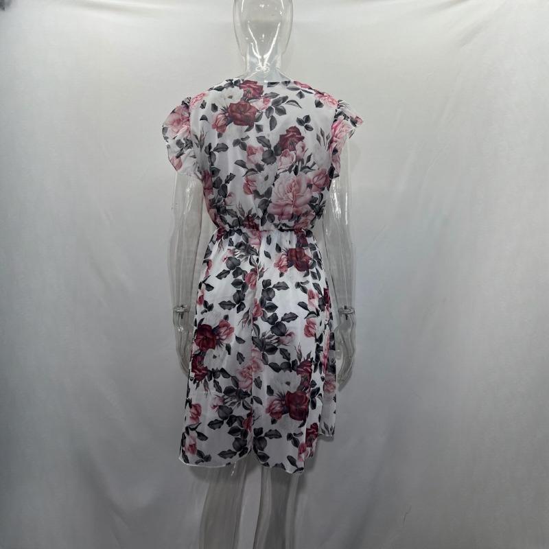 IHUASU Summer Holiday Style Ruffle Short Sleeve Chiffon Printed Rose Dress