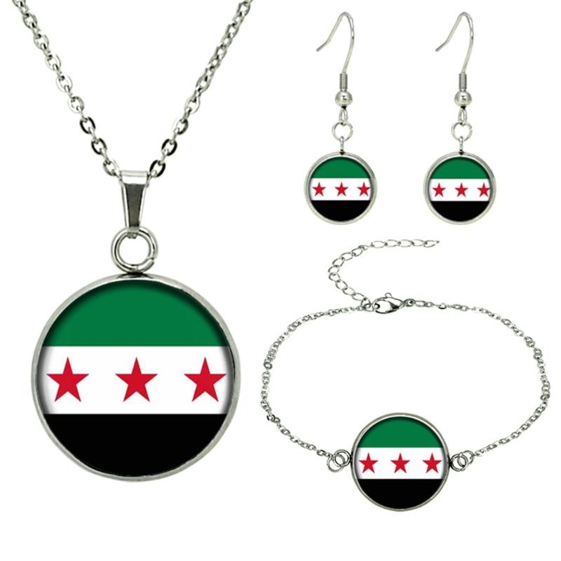 Elegantes syrisches Flaggen-Schmuckset mit Halskette, Armband, Ohrringen aus Edelstahl und Glas für Kulturbegeisterte