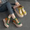 Botas Romanas Patchwork Retro Piel de Vaca Completa Suela Gruesa Aumentador de Altura Botas para Mujer
