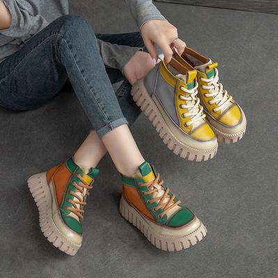 Retro Patchwork Roman Boots Full Cowhide Thick Sole Height Increasing Women Boots