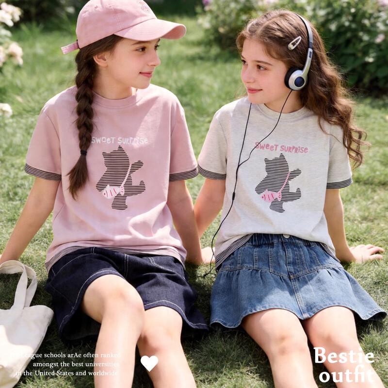Duomiaowu Girls' Summer Faux Two-Piece Short Sleeve T-Shirt